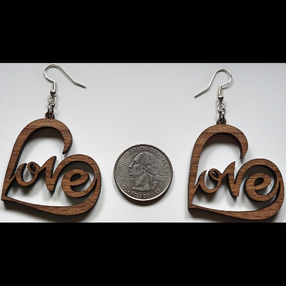 Love walnut wood laser cut drop earrings style 88 - Picture 2 of 4